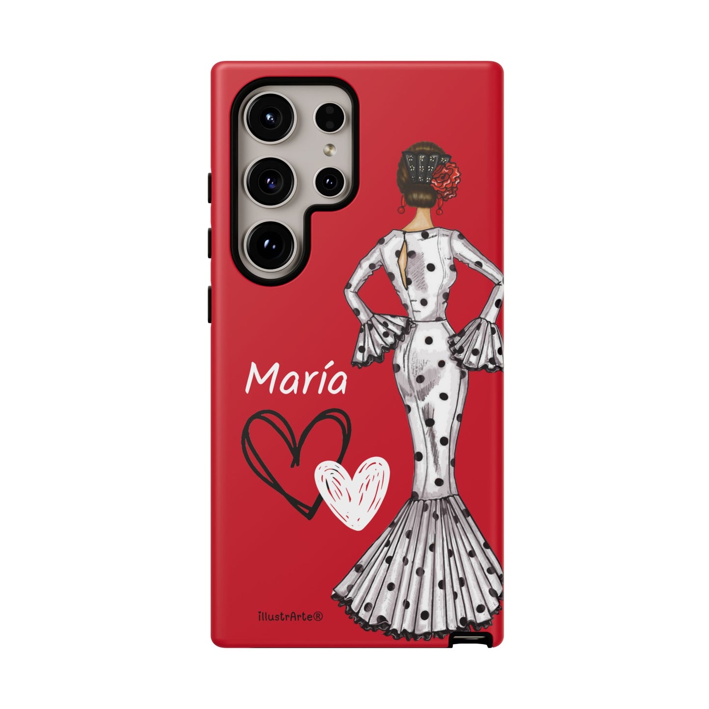 Personalized Maria phone case, white with red hearts background – for iPhone, Samsung, Pixel
