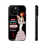 Personalised phone case flamenco dancer Pepa, white dress, with quote for iPhone 14 Pro Max, gloss finish – illustrArte