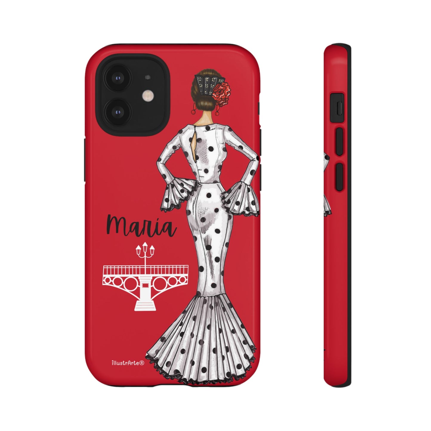 Funda de teléfono personalizable con nombre y bandera, diseño flamenco de María con Puente de Triana, perfecta para iPhone y Google Pixel.