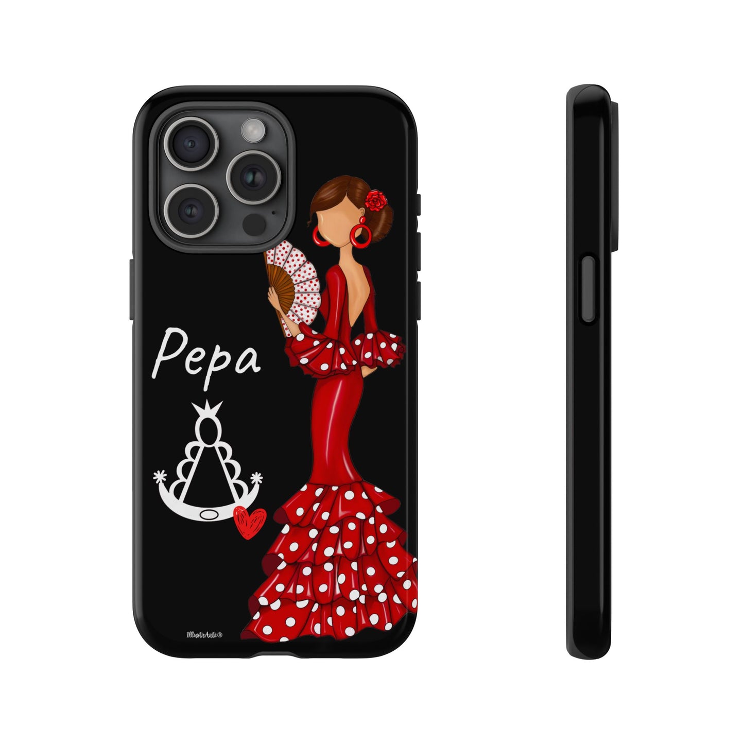 una funda de teléfono con una mujer en un vestido rojo