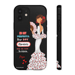 Personalised phone case flamenco dancer Pepa, white dress, with quote for iPhone 12, gloss finish – illustrArte