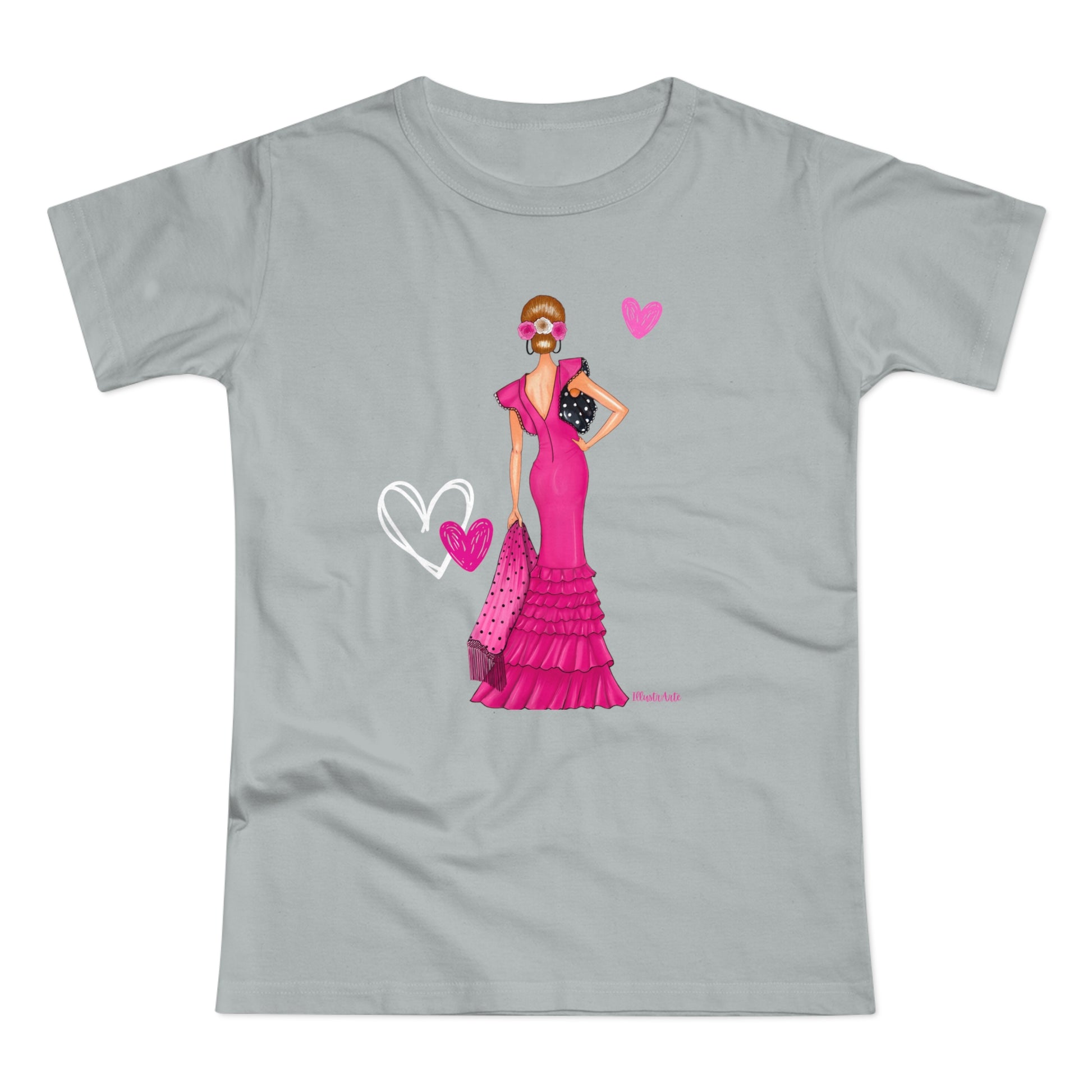 a t - shirt with a woman in a pink dress