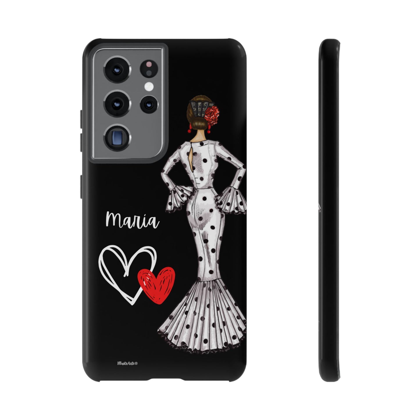 una funda de teléfono con una mujer en un vestido