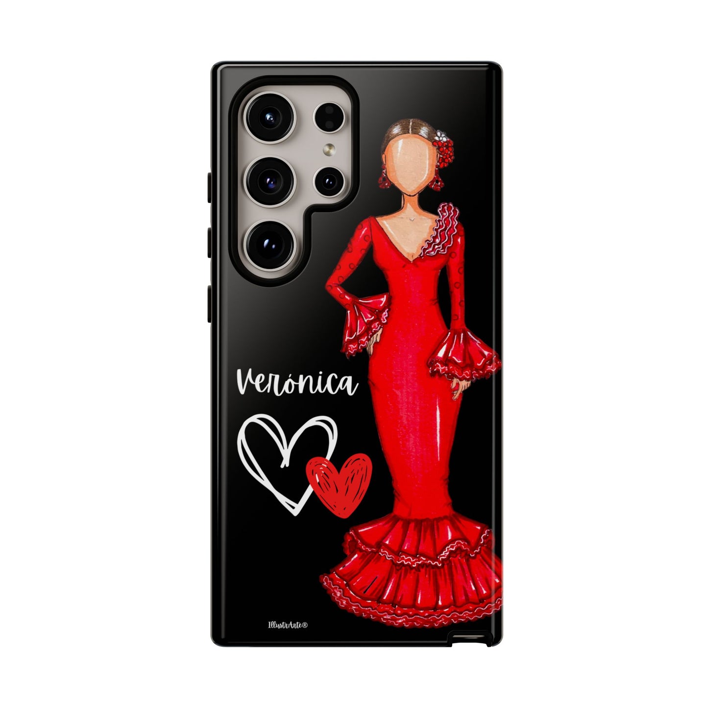 una funda de teléfono con una mujer con un vestido rojo