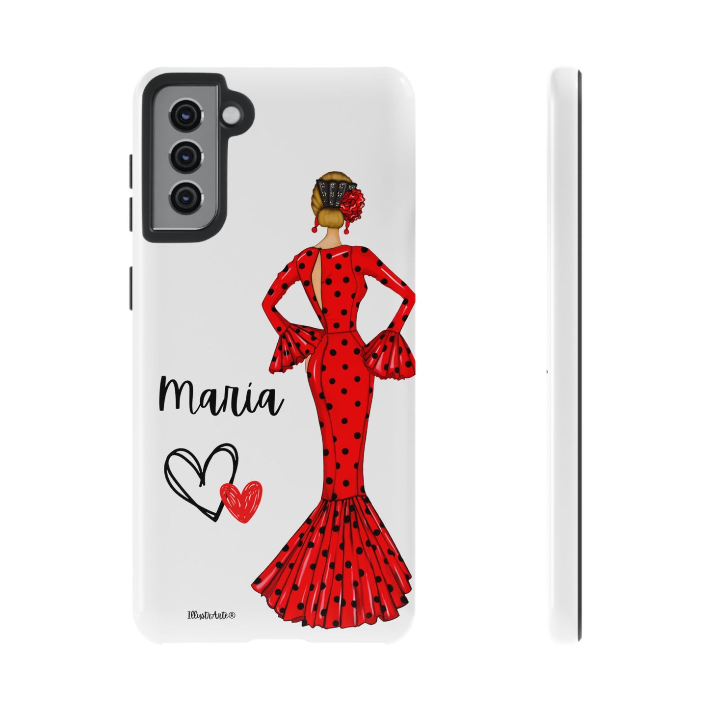 una funda de teléfono con una mujer en un vestido rojo