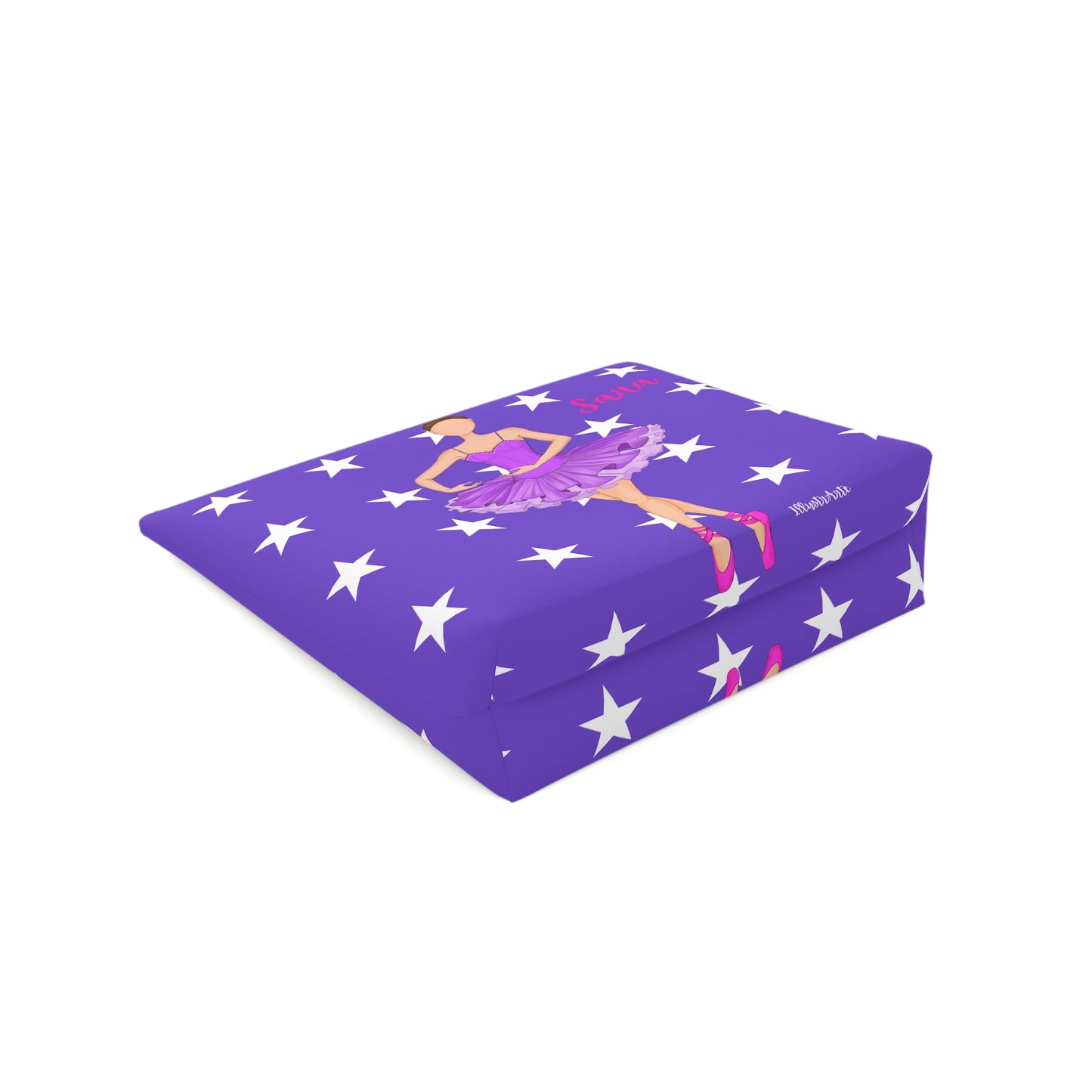 una caja morada con estrellas blancas y un unicornio en ella