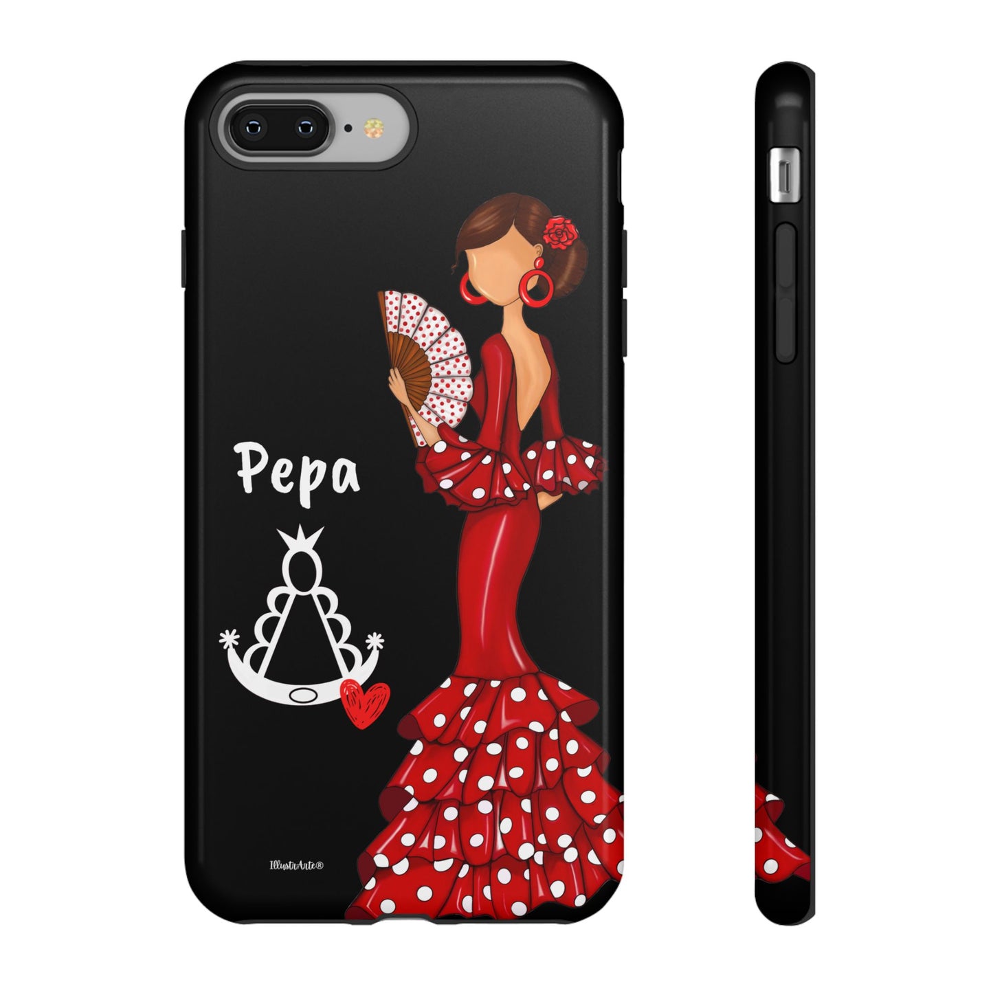 Personalized Pepa phone case on a black background with the Virgin Mary – for iPhone, Samsung, Pixel