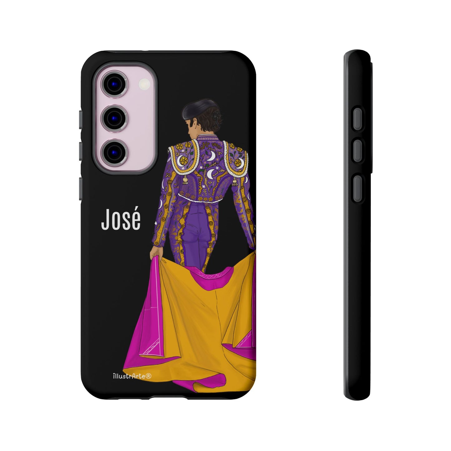 Personalized phone case featuring bullfighter José on a green background – for iPhone, Samsung, Pixel
