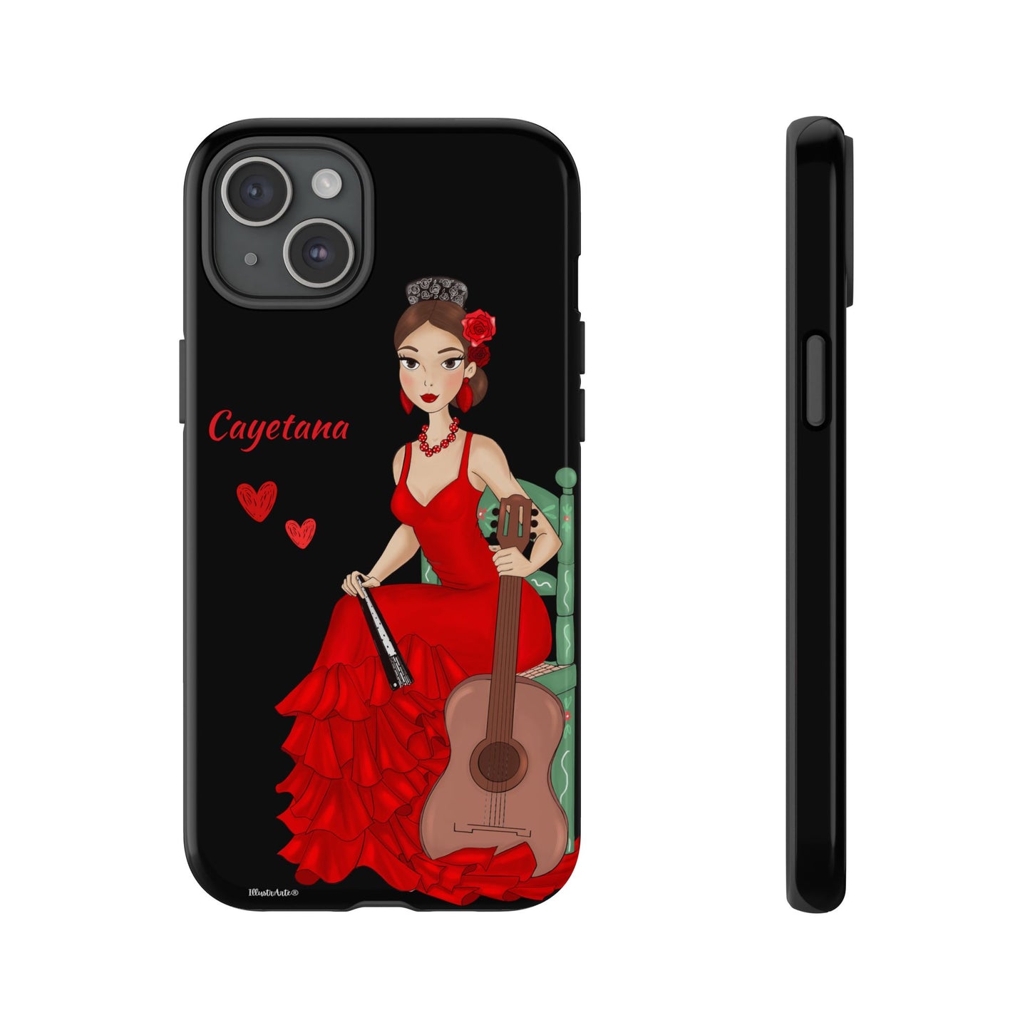 una funda de teléfono con una mujer en un vestido rojo sosteniendo una guitarra