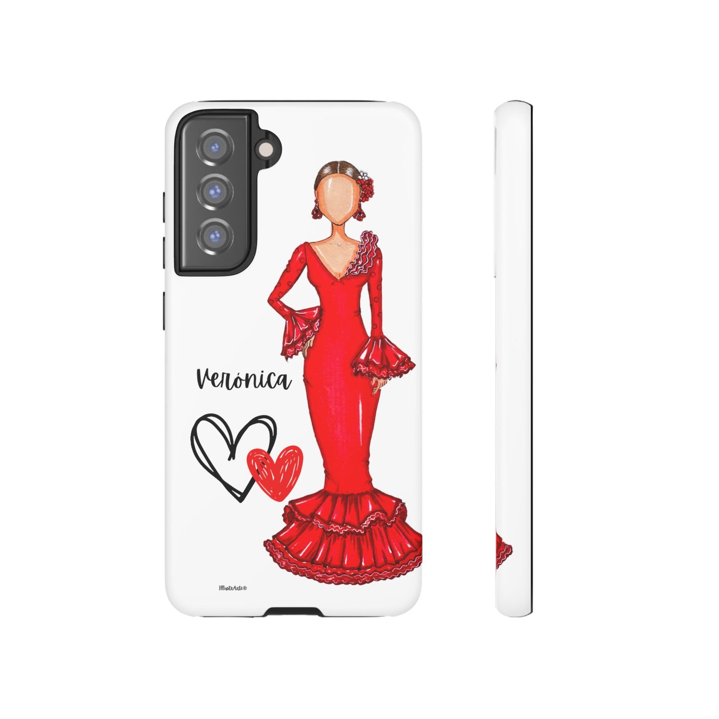 una funda de teléfono con un dibujo de una mujer en un vestido rojo