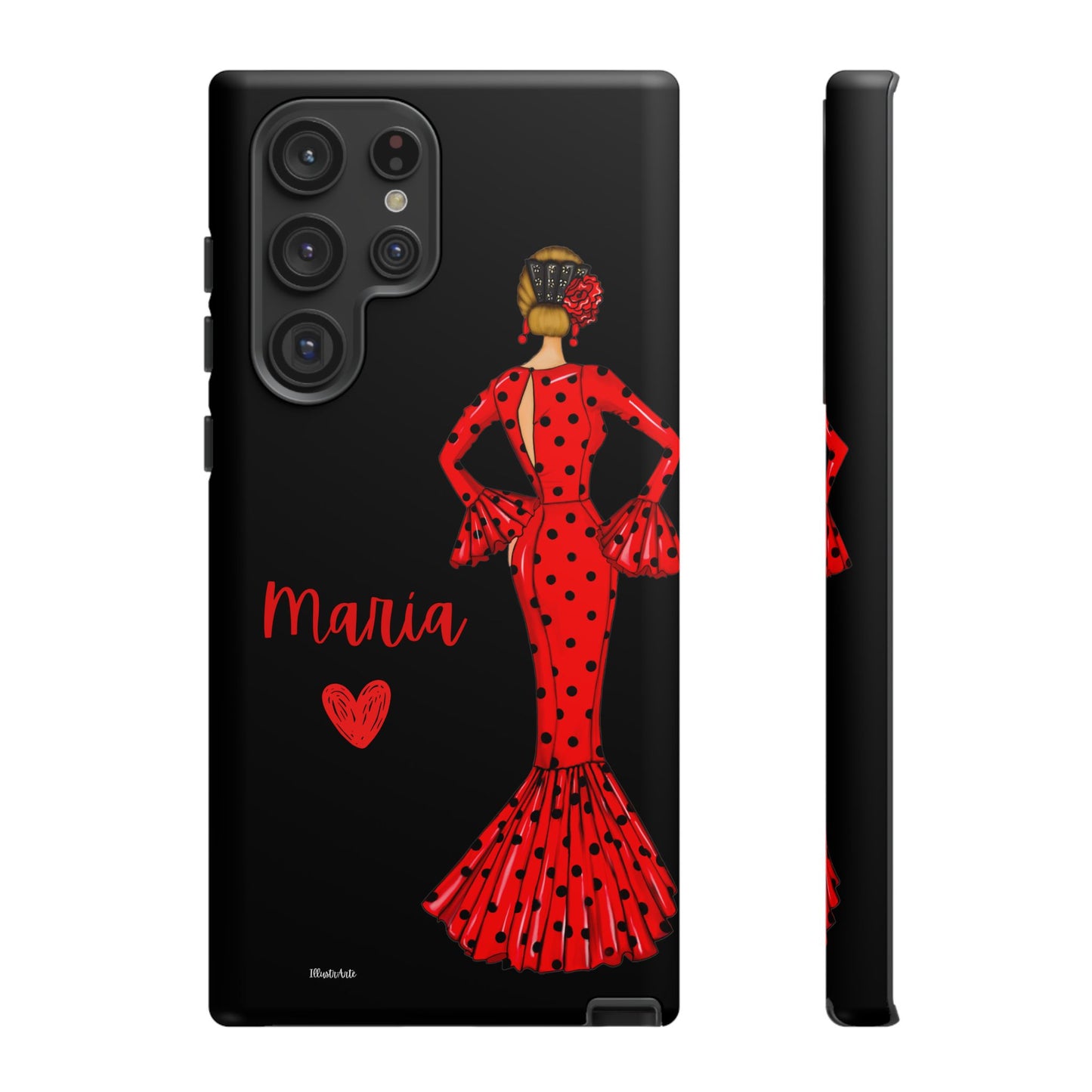 una funda de teléfono con una mujer en un vestido rojo