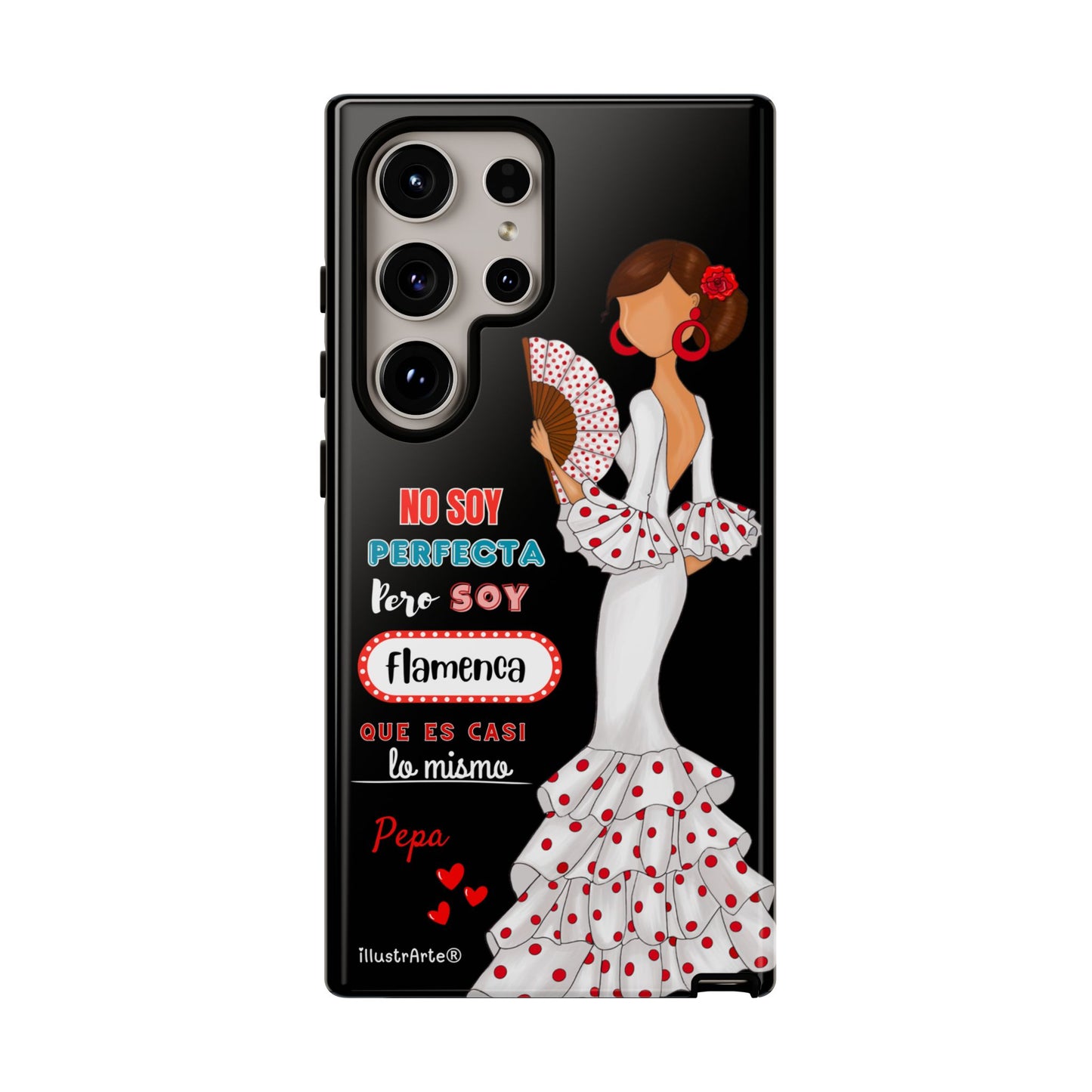 Funda de teléfono personalizable Pepa vestido blanco con frase – para iPhone, Samsung, Pixel