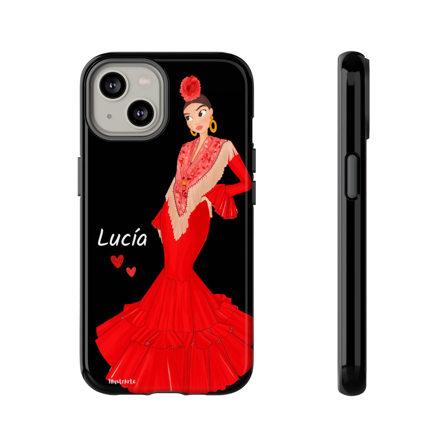 una funda de teléfono con una imagen de una mujer en un vestido rojo