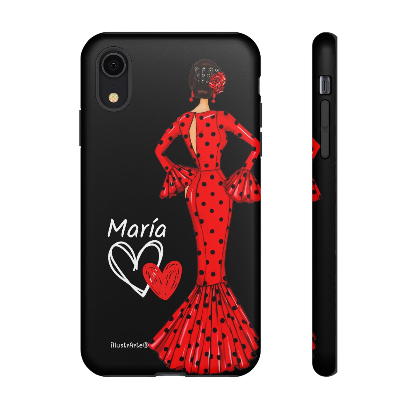 Capa de celular personalizável com nome/bandeira/Virgem - modelo Red Maria com cabelo escuro, fundo preto, para iPhone, Samsung e Google Pixel