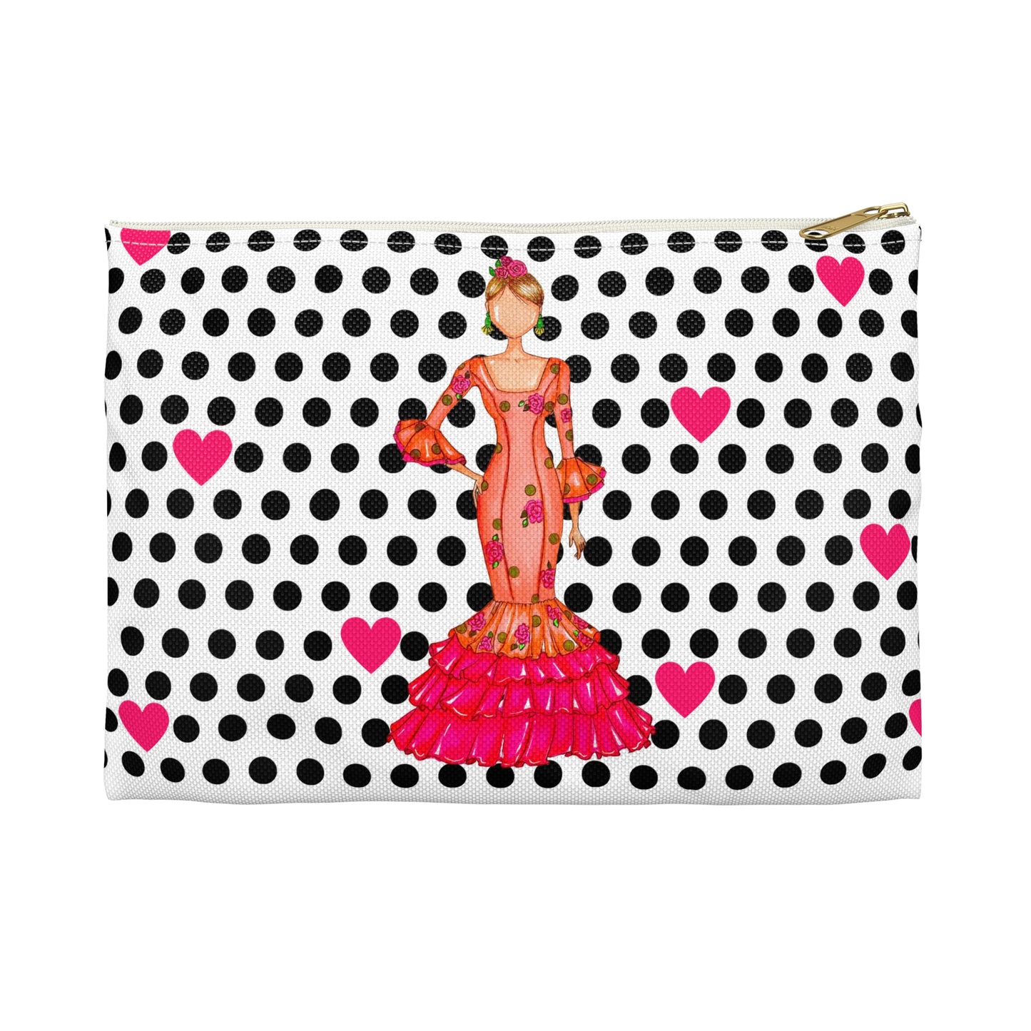 a polka dot purse with a woman in a pink dress