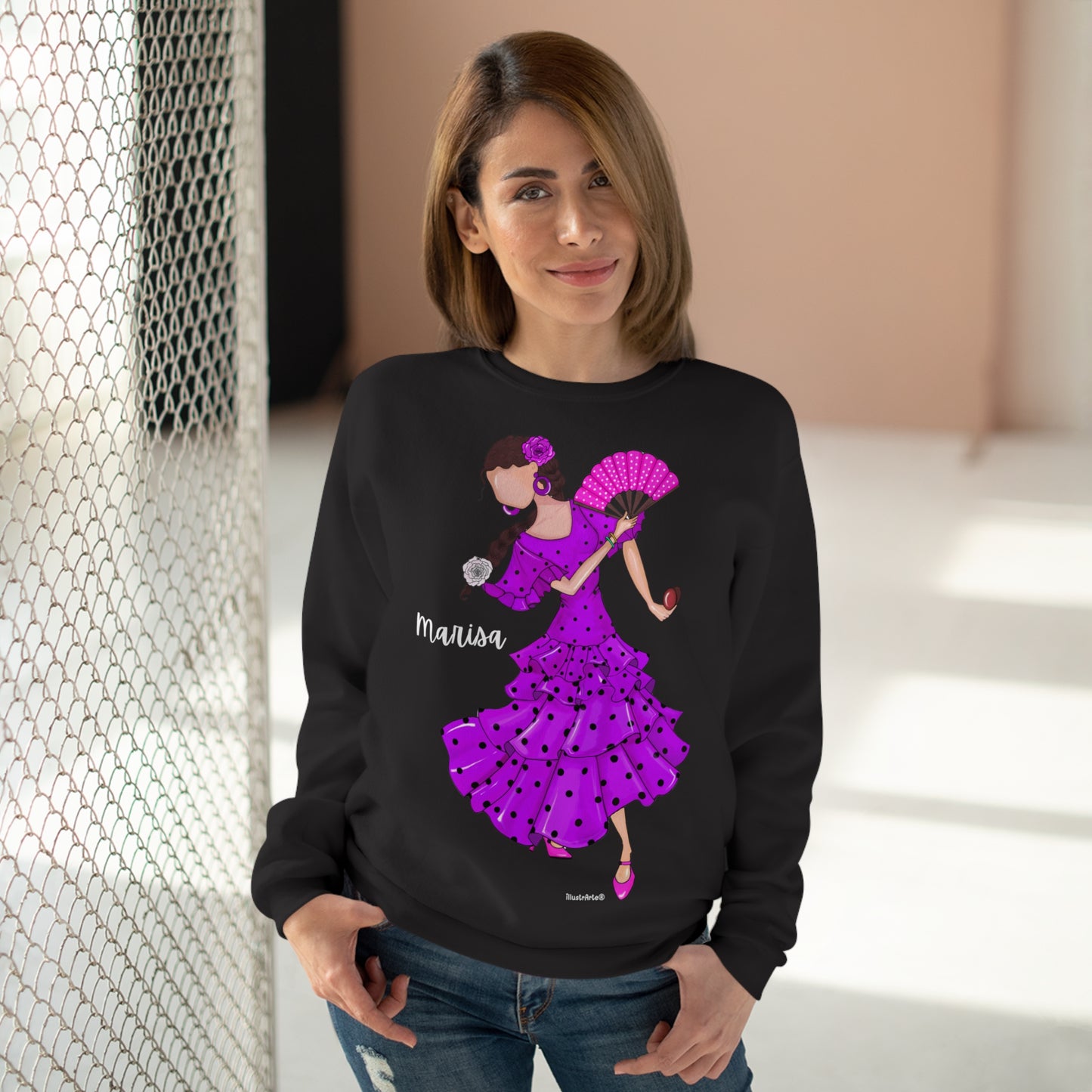 Customizable Sweatshirt - Flamenco Marisa, black background. 