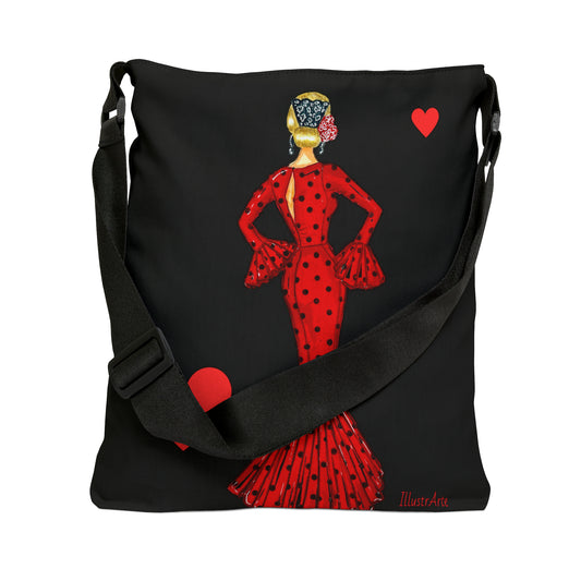 a black bag with a red and black design on it