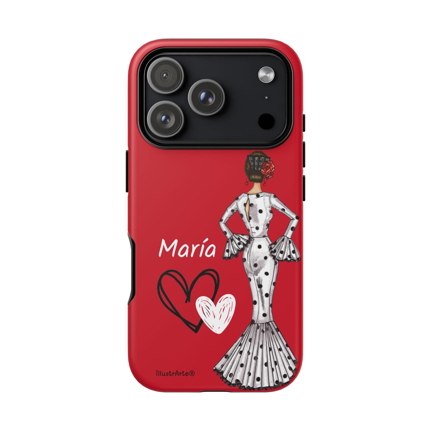 Personalized Maria phone case, white with red hearts background – for iPhone, Samsung, Pixel