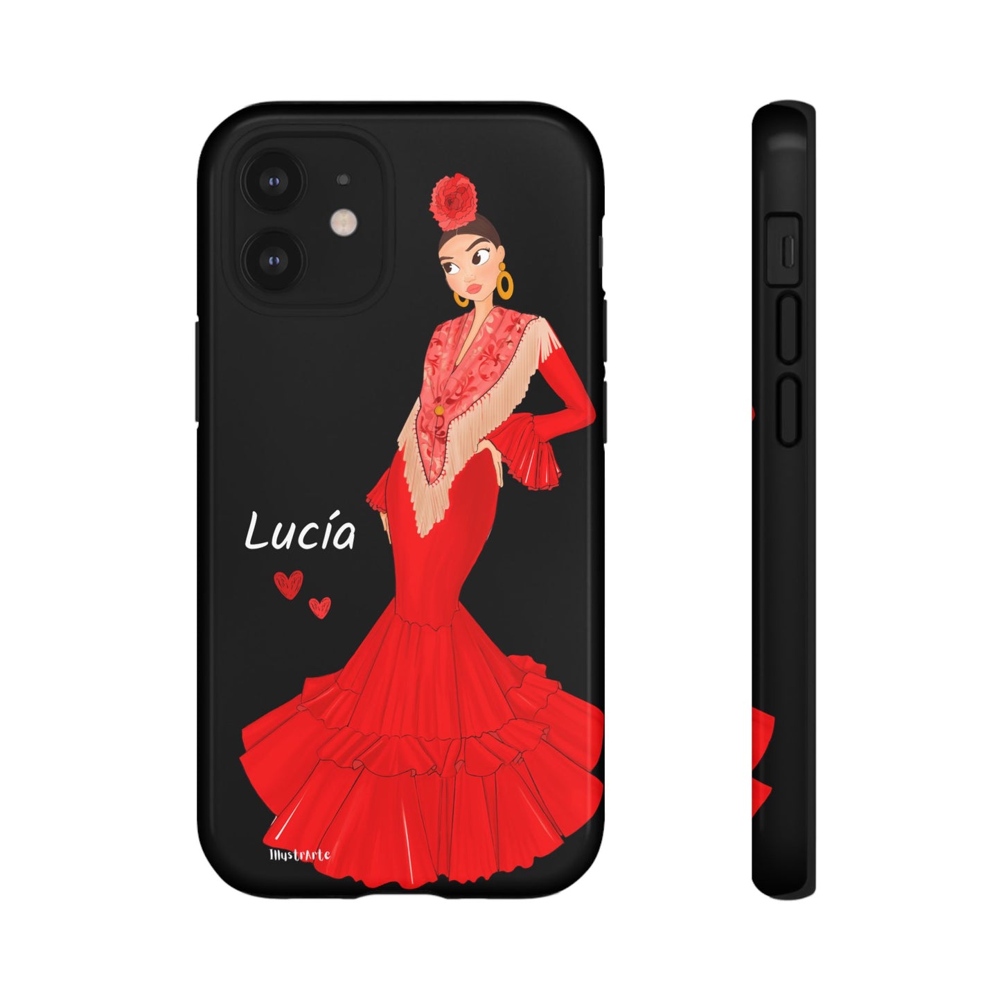 una funda de teléfono con una mujer en un vestido rojo