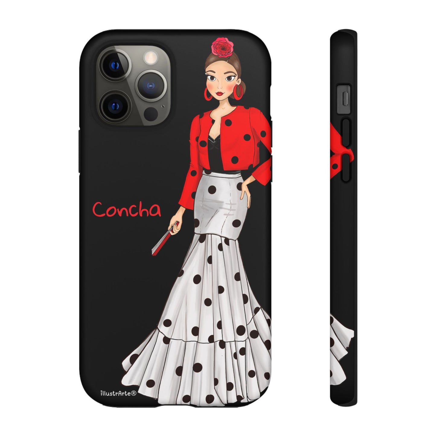 Detalle del material de la funda de teléfono personalizable - Modelo Conchita, fondo negro y diseño único.