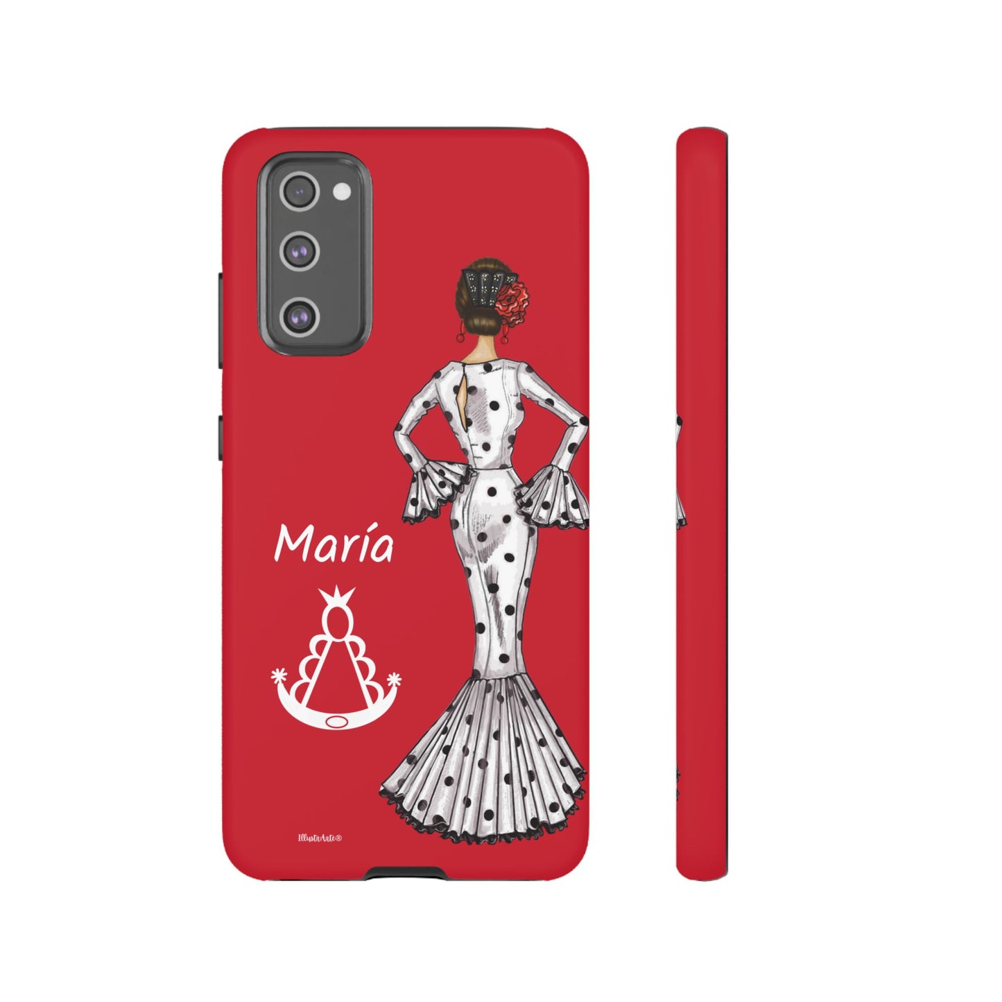 una funda de teléfono roja con una imagen de una mujer en un vestido