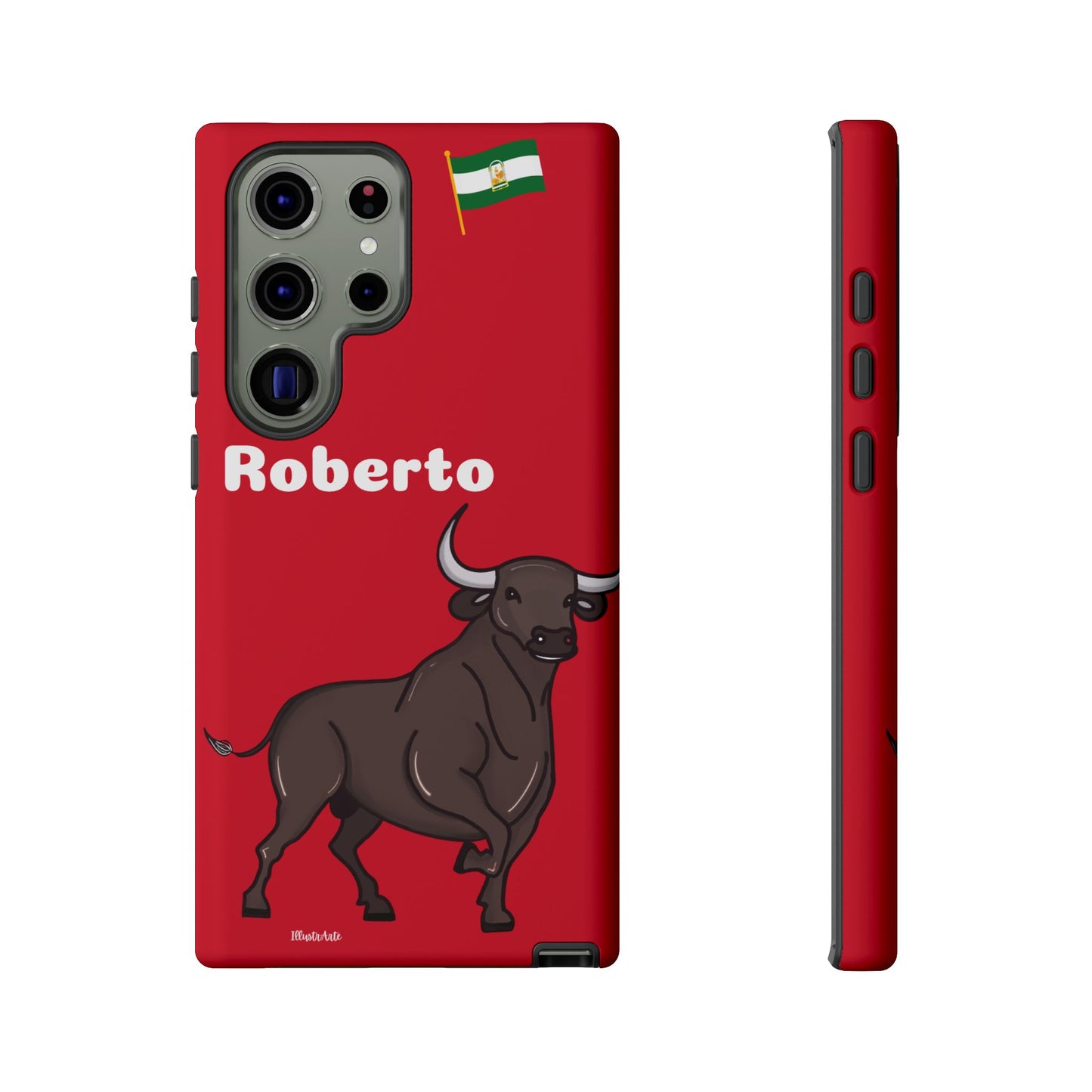 una funda de teléfono roja con un toro en ella