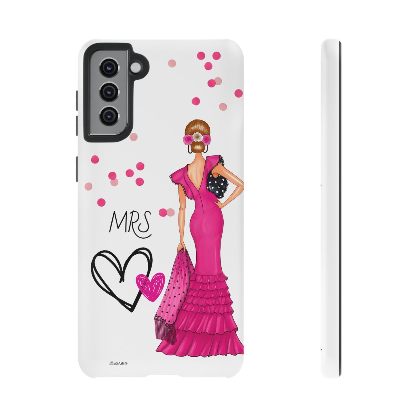 una funda de teléfono con una mujer en un vestido rosa