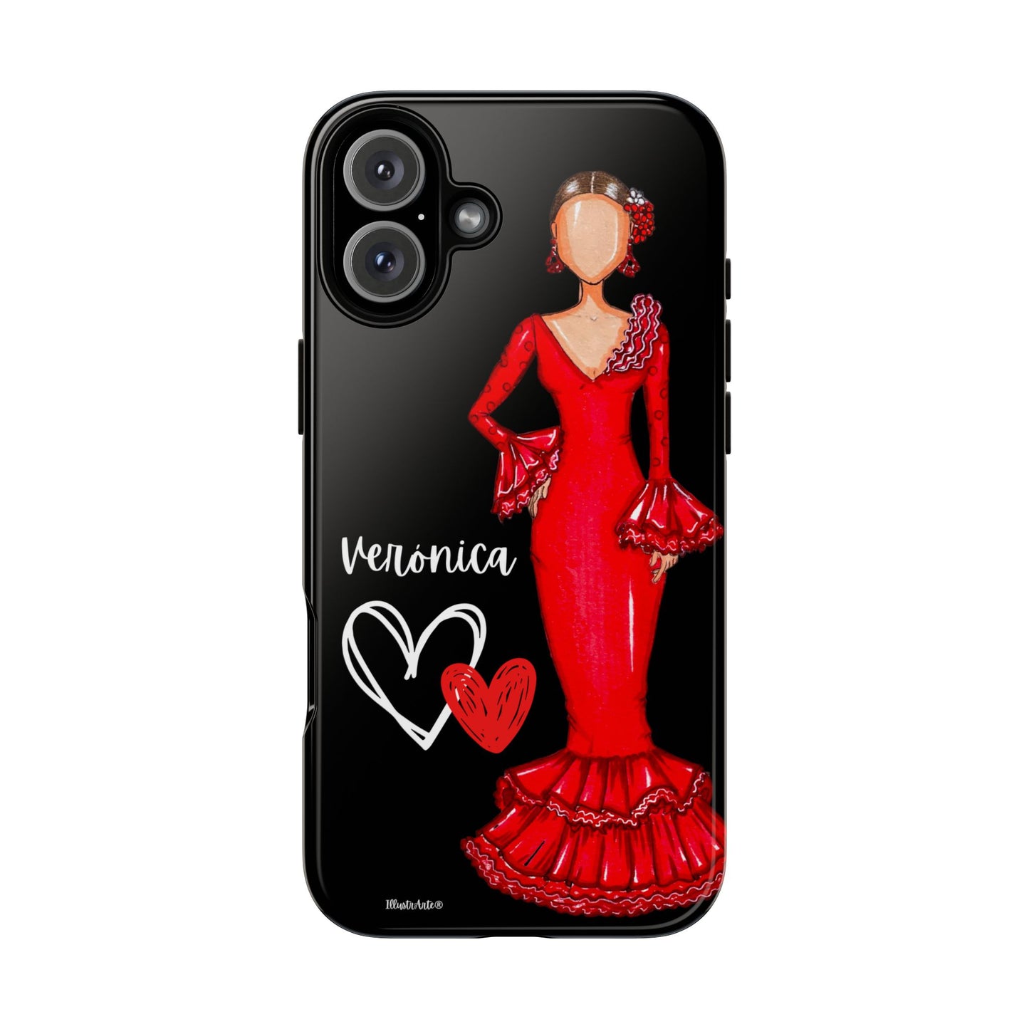 una funda de teléfono con una imagen de una mujer con un vestido rojo