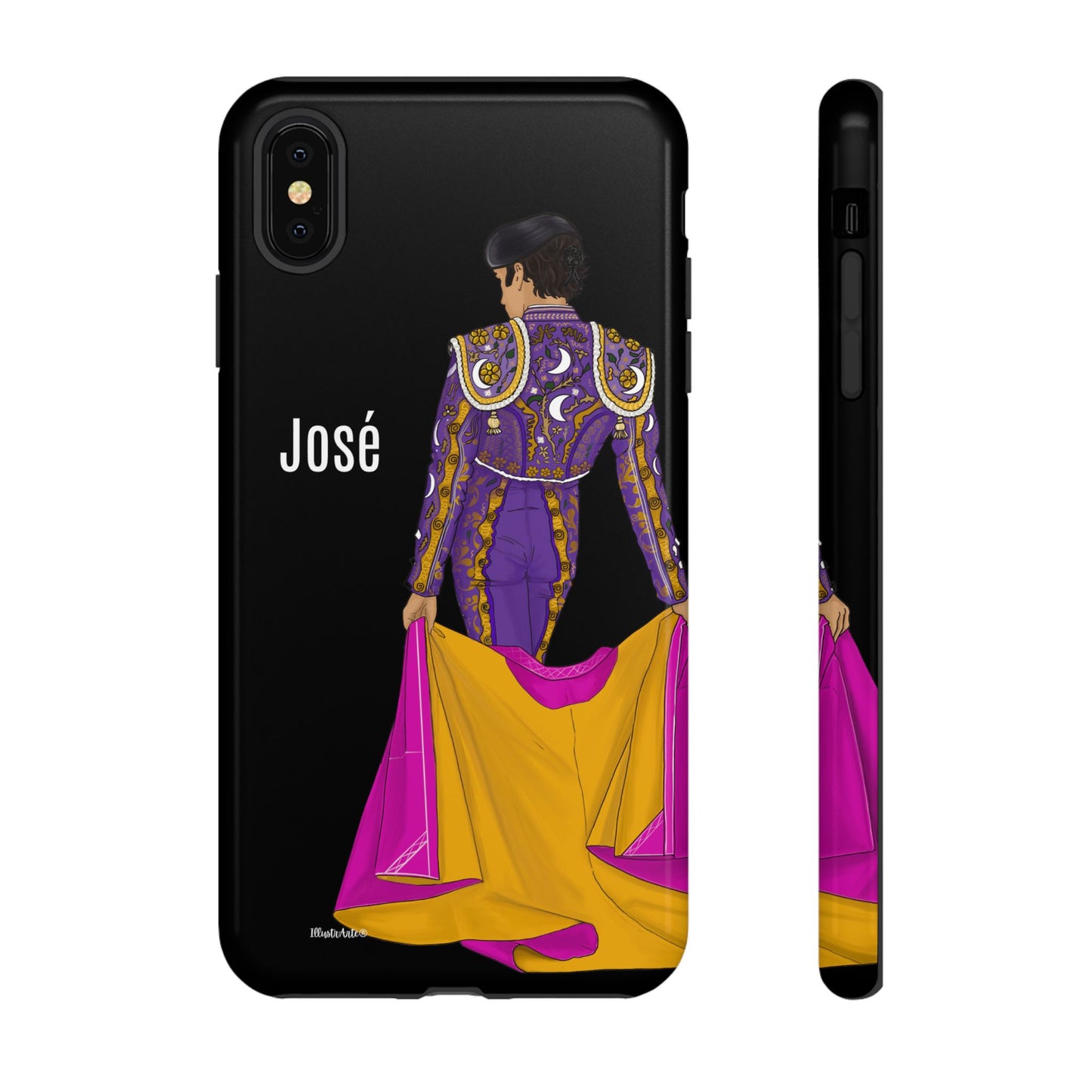 una funda de teléfono con una imagen de un hombre en un traje morado y amarillo