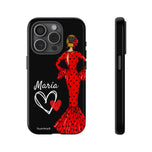 Personalised phone case flamenco dancer María, red dress, black background for iPhone 15 Pro, gloss finish – illustrArte