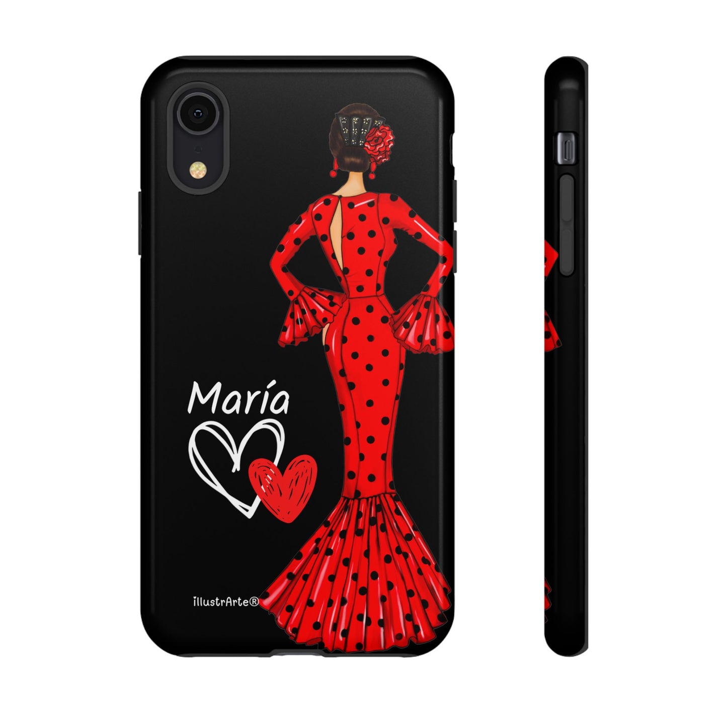 Capa de celular personalizável com nome/bandeira/Virgem - modelo Red Maria com cabelo escuro, fundo preto, para iPhone, Samsung e Google Pixel