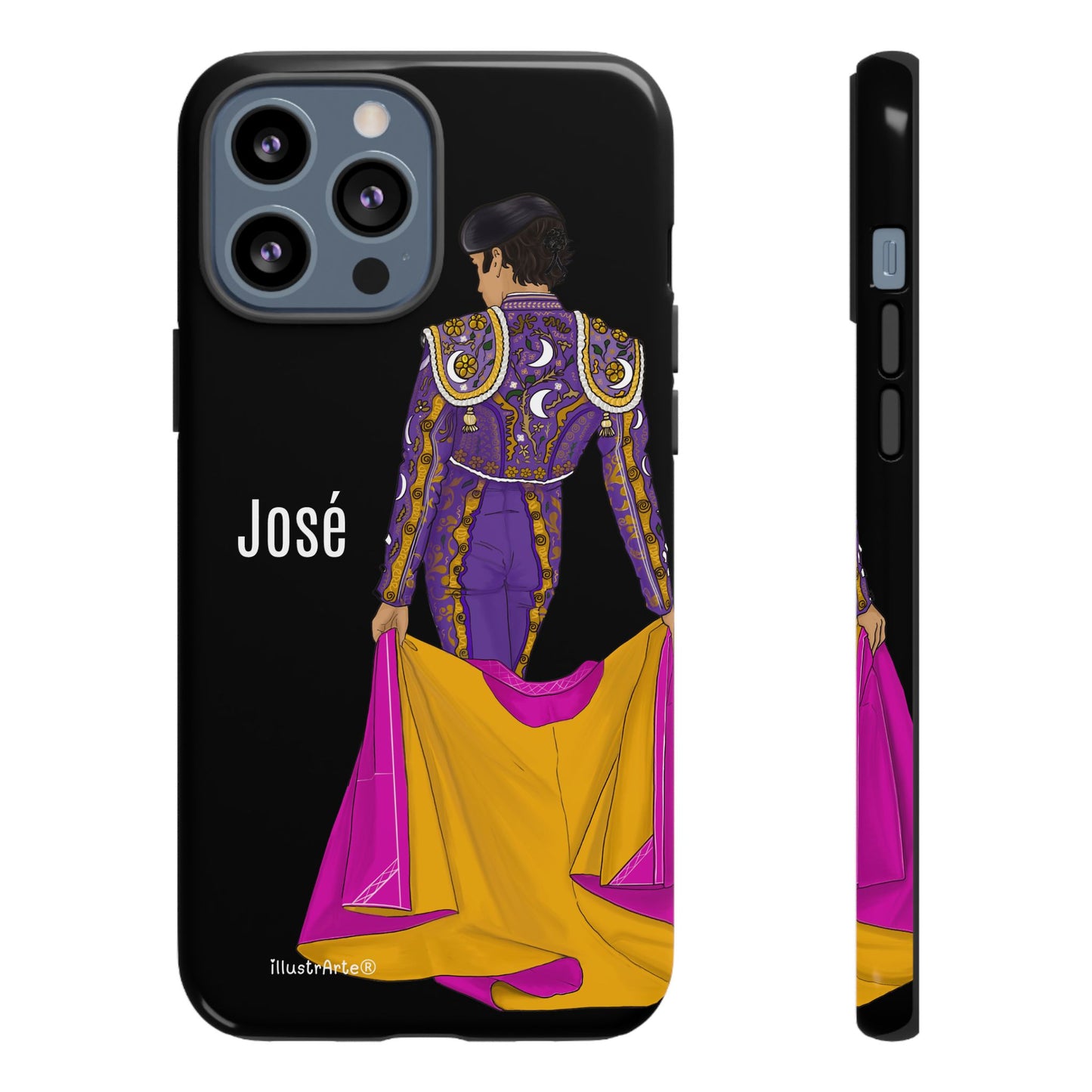 Personalized phone case featuring bullfighter José on a green background – for iPhone, Samsung, Pixel