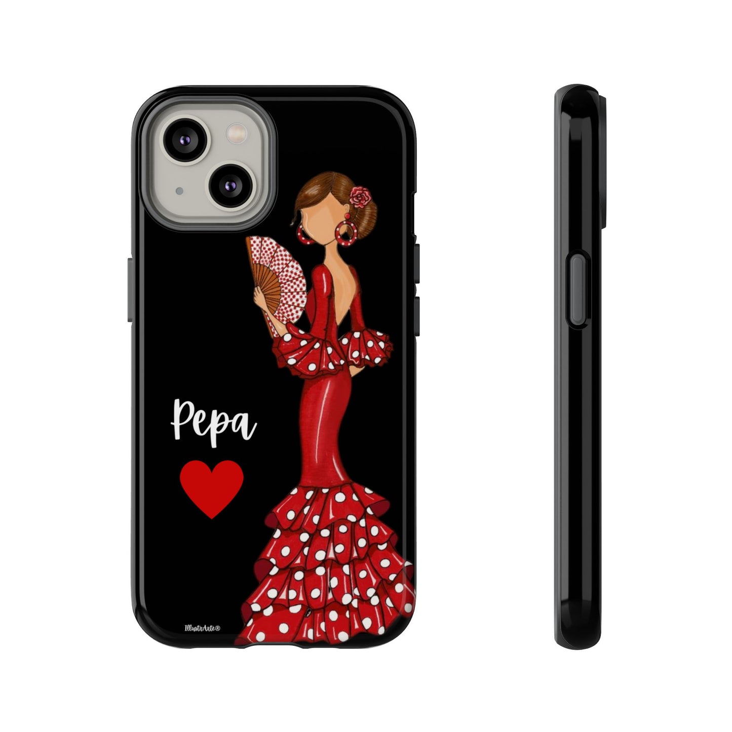 una funda de teléfono con una mujer en un vestido rojo