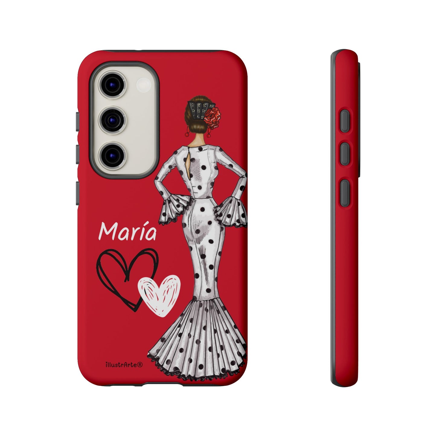 Personalized Maria phone case, white with red hearts background – for iPhone, Samsung, Pixel