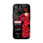 Personalised phone case flamenco dancer Macarena, with quote for iPhone 16 Pro Max, gloss finish – illustrArte