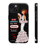 Personalised phone case flamenco dancer Pepa, white dress, with quote for iPhone 13, gloss finish – illustrArte