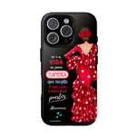 Personalised phone case flamenco dancer Macarena, with quote for iPhone 16 Pro, gloss finish – illustrArte