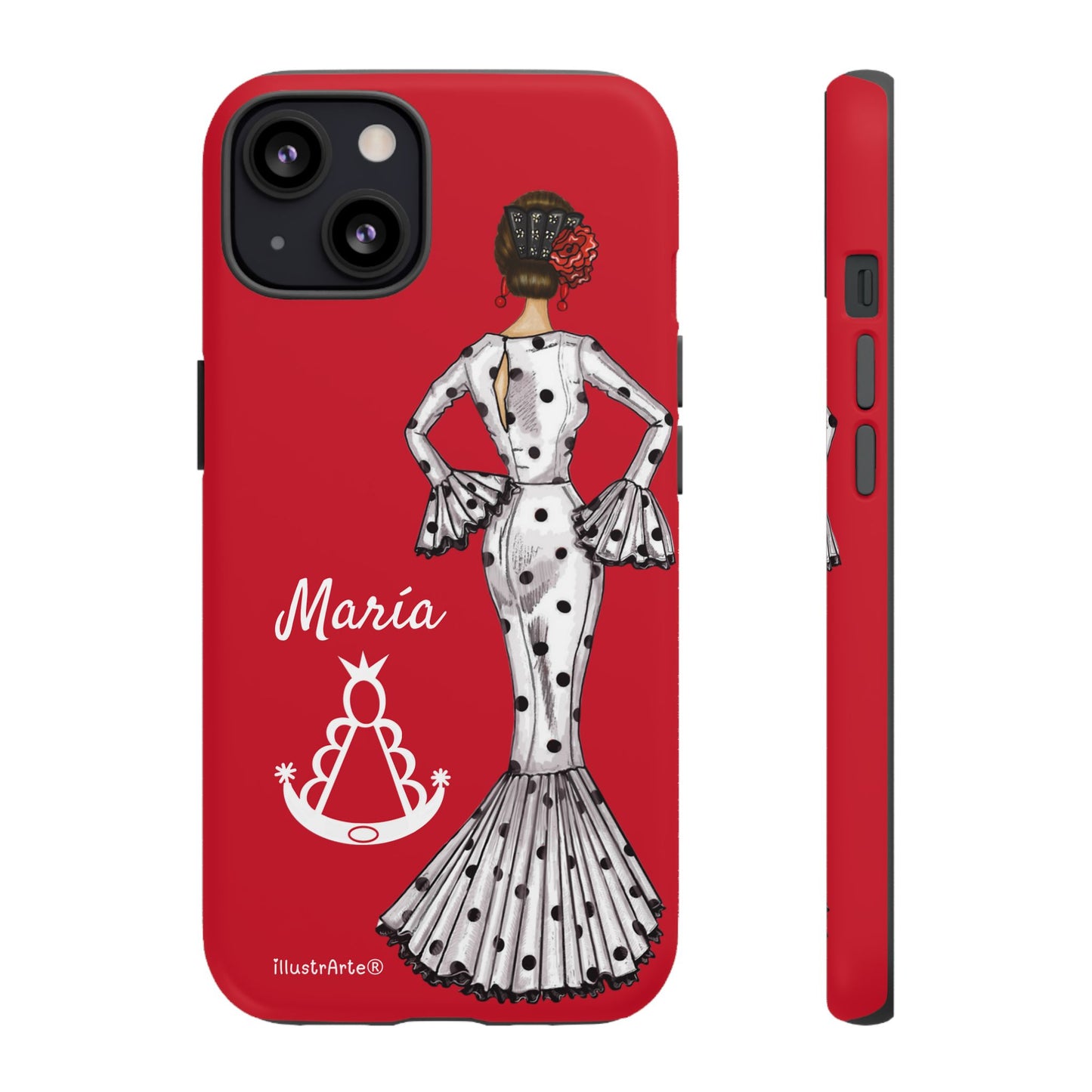 Capa de telefone personalizável com nome/bandeira/Virgem - modelo White Mary com Virgen del Rocío para iPhone, Samsung e Google Pixel