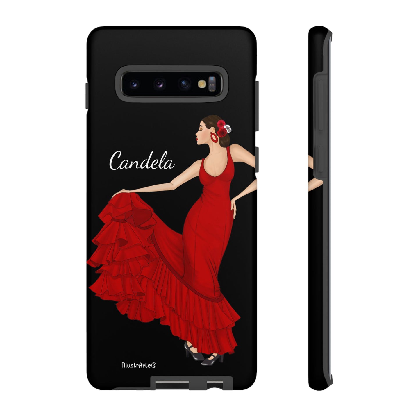Capa de telefone personalizável. Modelo Candela com fundo preto. Para iPhone, Samsung Galaxy S e Google Pixel. 