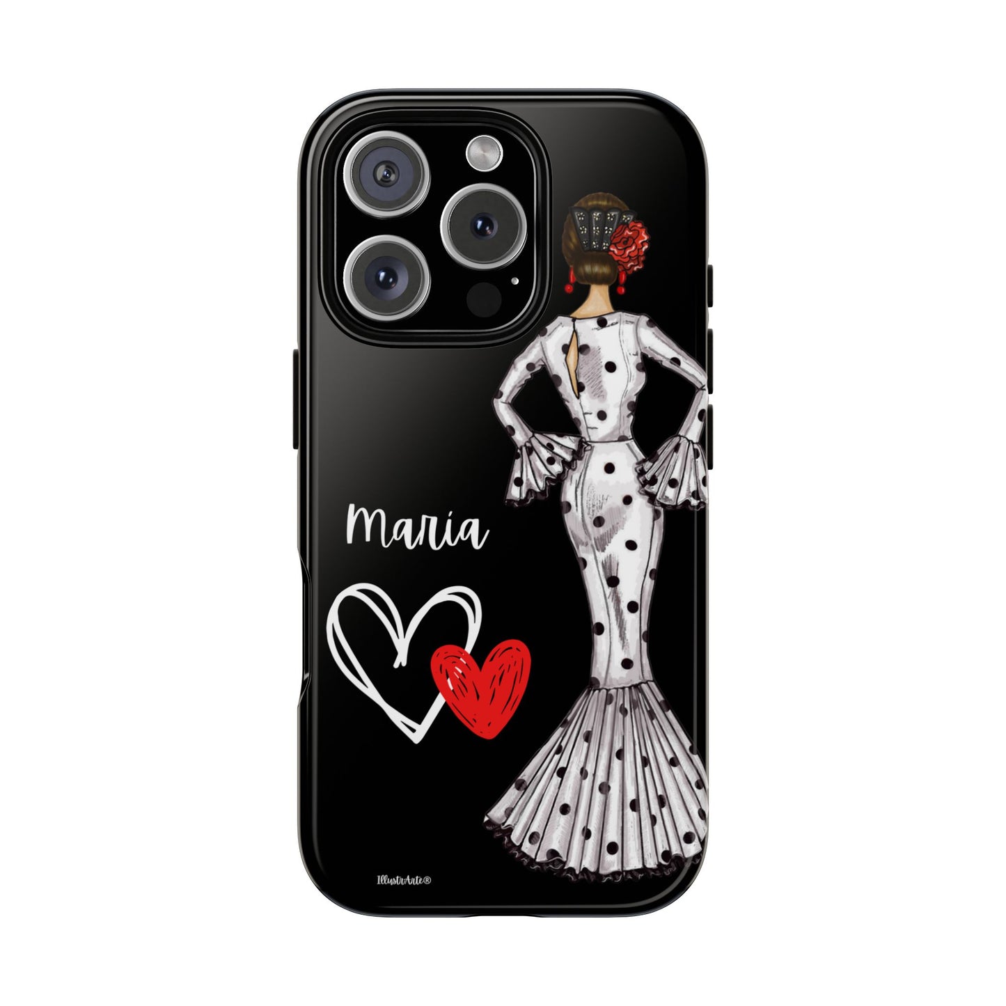 una funda de teléfono en blanco y negro con una mujer en un vestido de lunares