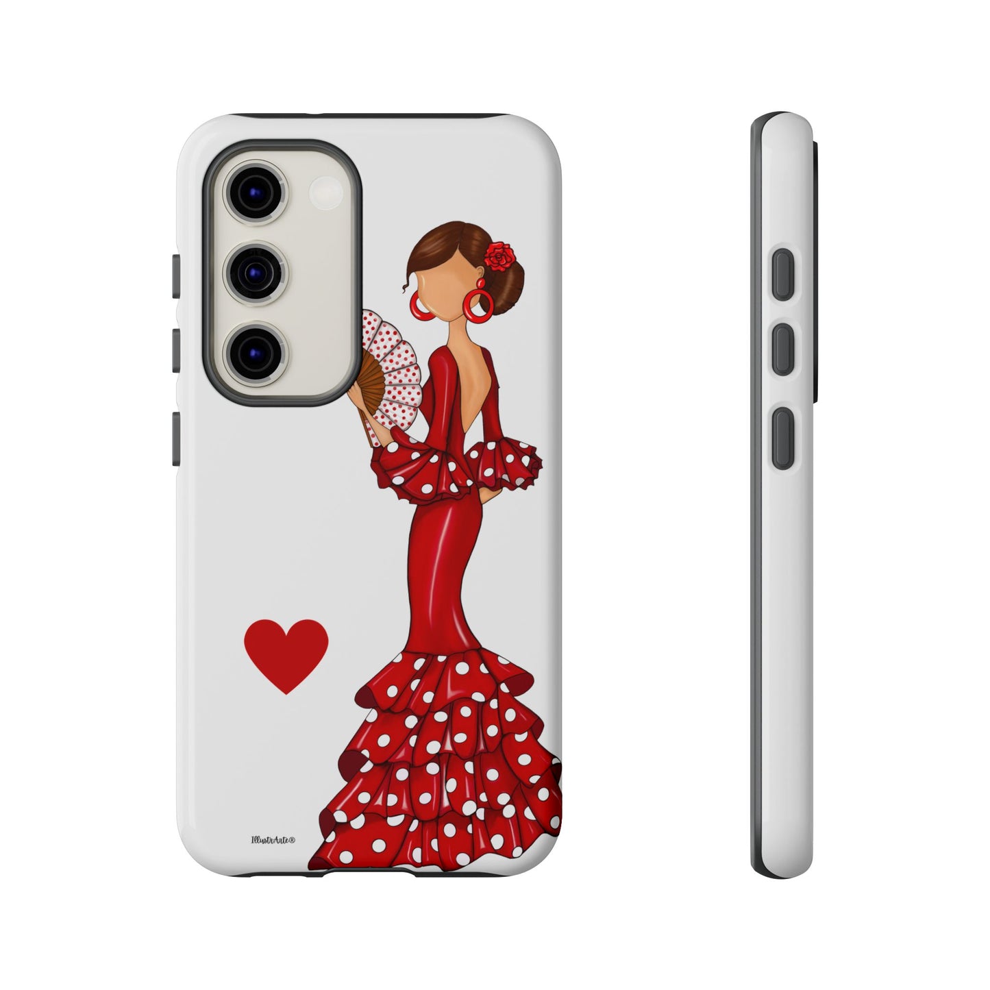 una funda de teléfono con una mujer en un vestido rojo sosteniendo un ramo