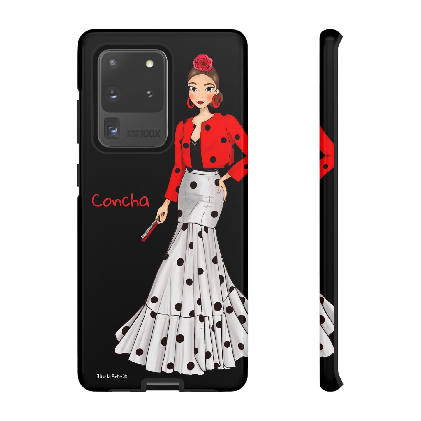 Vista de la funda personalizable en fondo negro - Modelo Conchita.