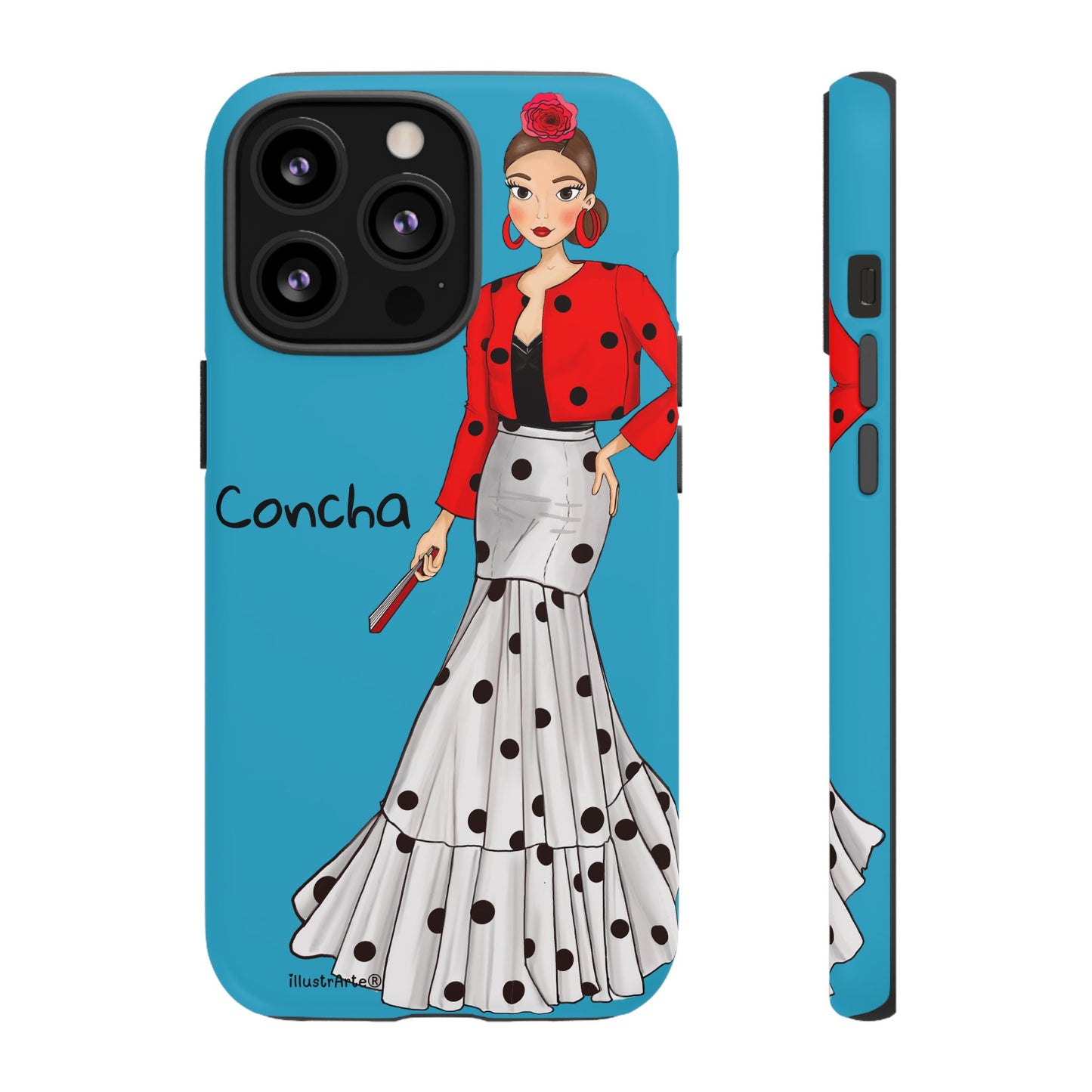 Funda de teléfono personalizable, Modelo Conchita fondo azul en un entorno colorido y vibrante.