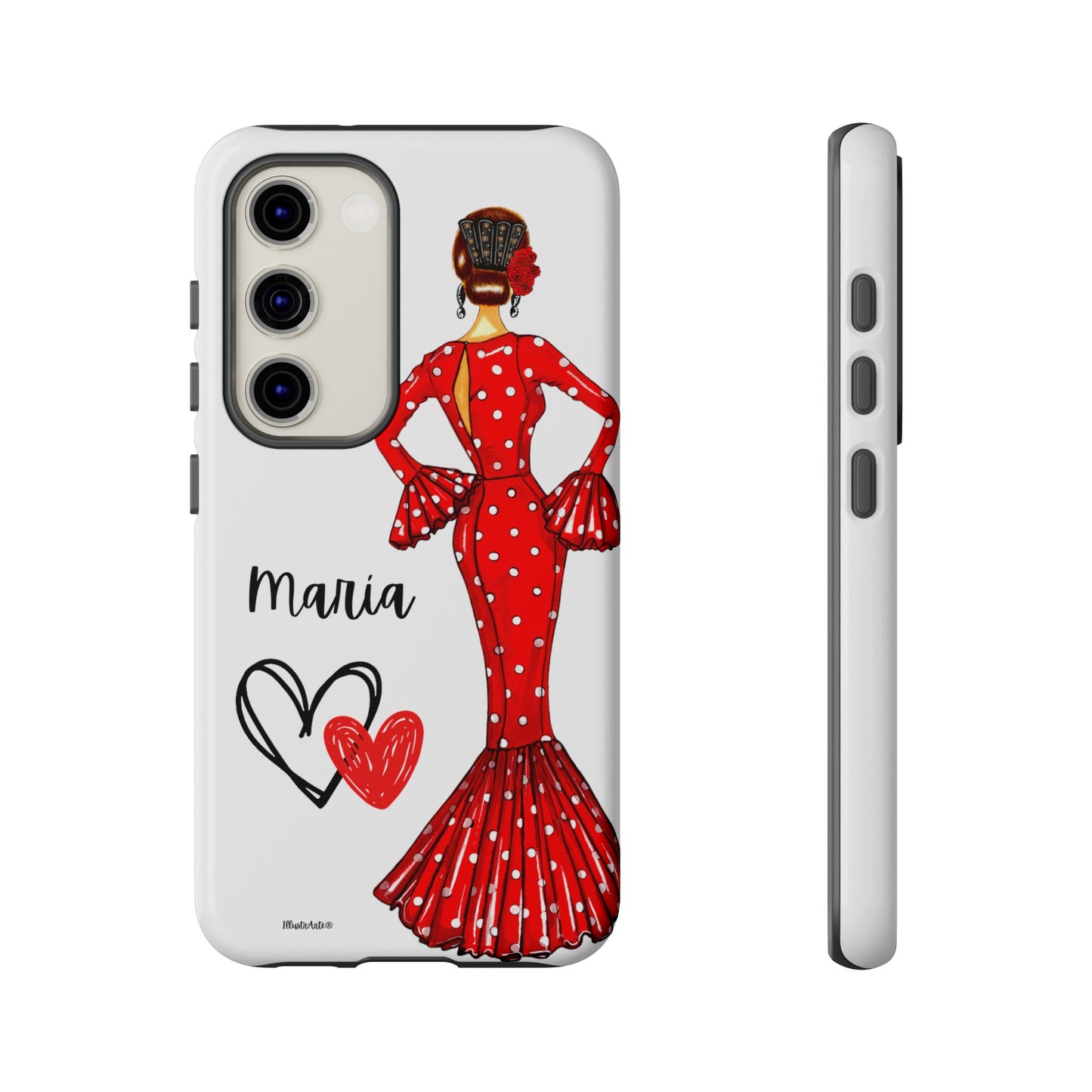 una funda de teléfono con una mujer en un vestido rojo