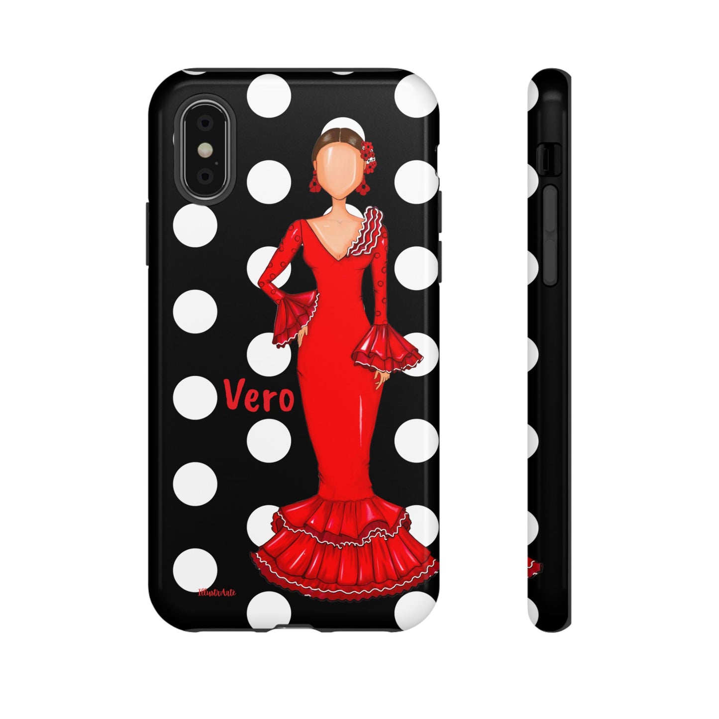 una funda para teléfono con una mujer en un vestido rojo