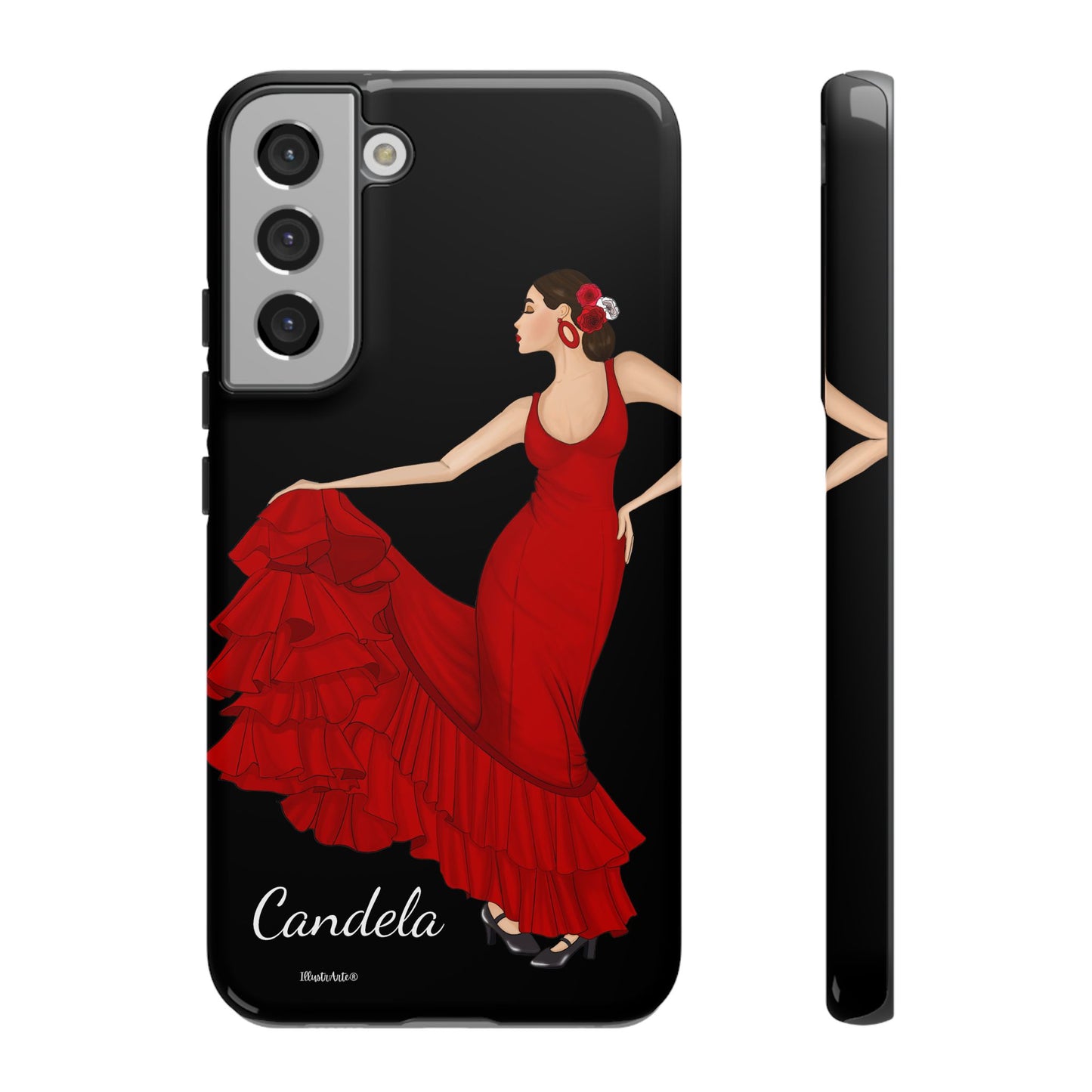 una funda de teléfono con una imagen de una mujer en un vestido rojo