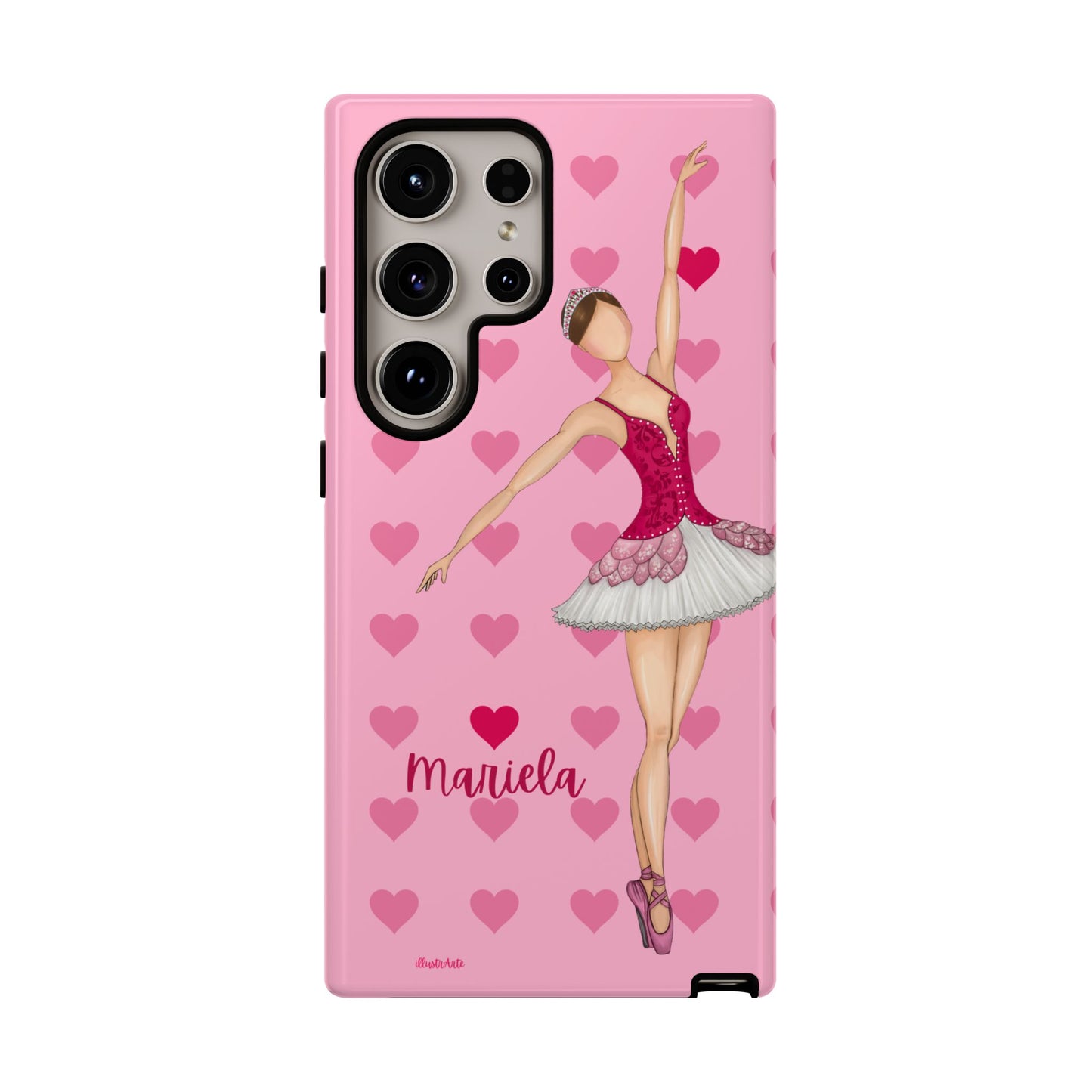 una funda de teléfono rosa con una bailarina en ella