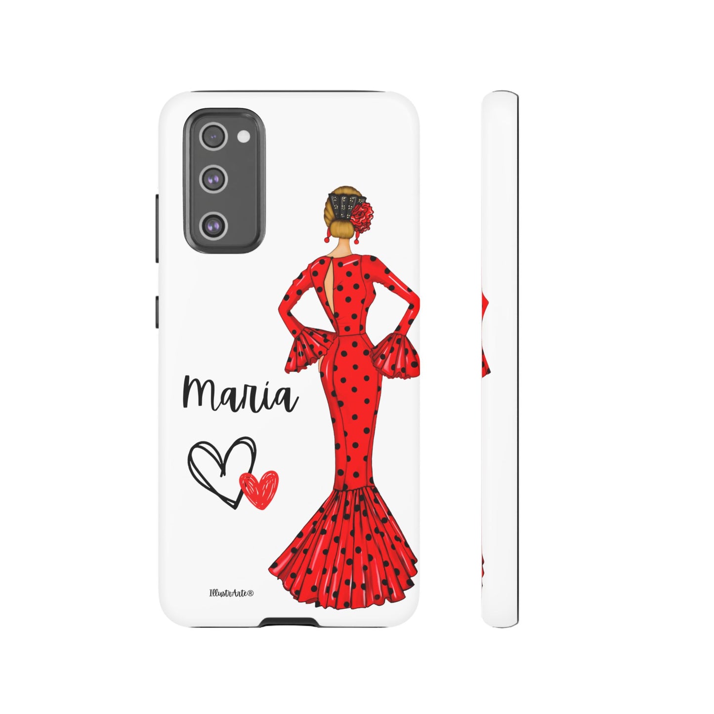 una funda de teléfono con una mujer en un vestido rojo