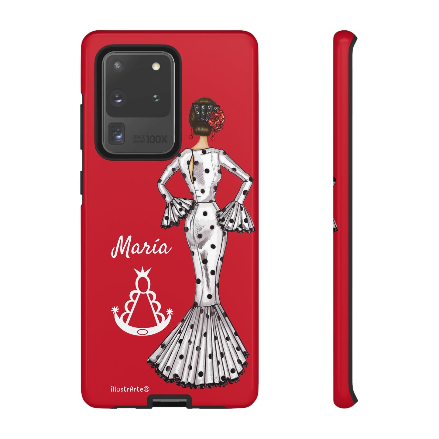 Capa de telefone personalizável com nome/bandeira/Virgem - modelo White Mary com Virgen del Rocío para iPhone, Samsung e Google Pixel