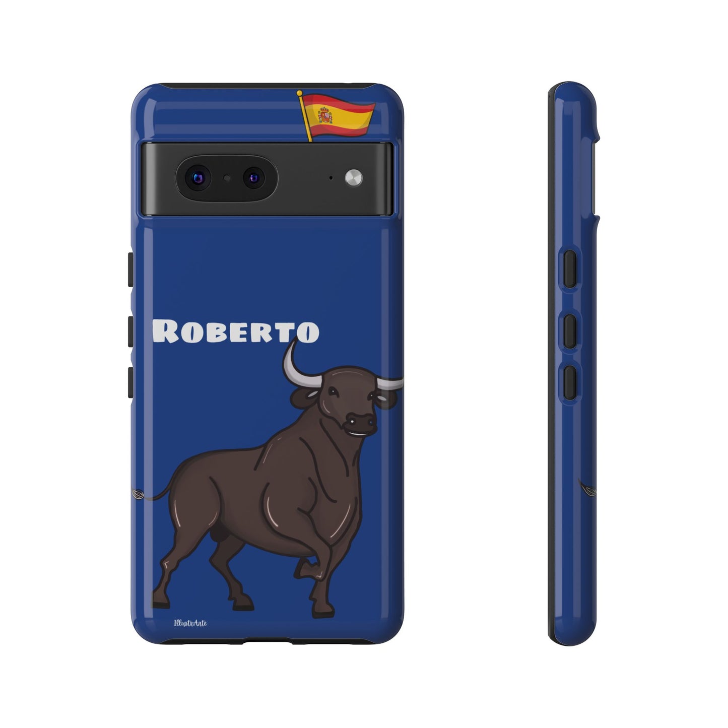 Funda de teléfono personalizable con nombre/bandera/Virgen - Modelo Toro Roberto, elegante y muy resistente.
